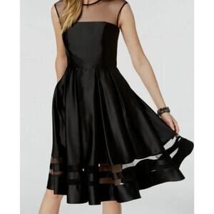 NWT Betsy & Adam Women Black Sleeveless Satin Illusion Fit & Flare Dress Sz 10